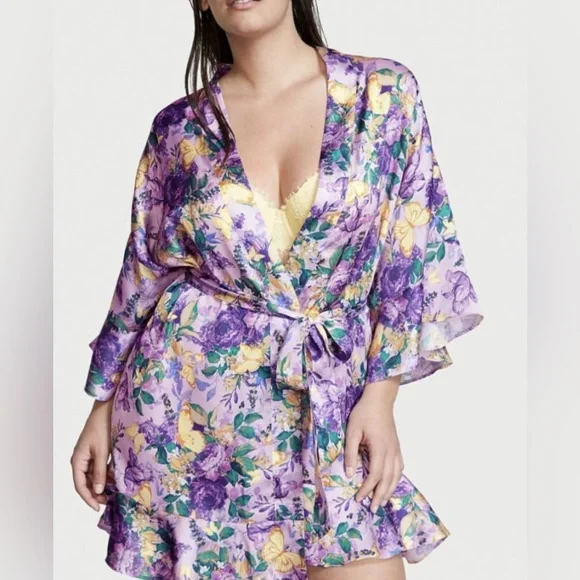 NWOT Victoria’s Secret Purple & Yellow Floral Bathrobe Lingerie - Picture 1 of 11